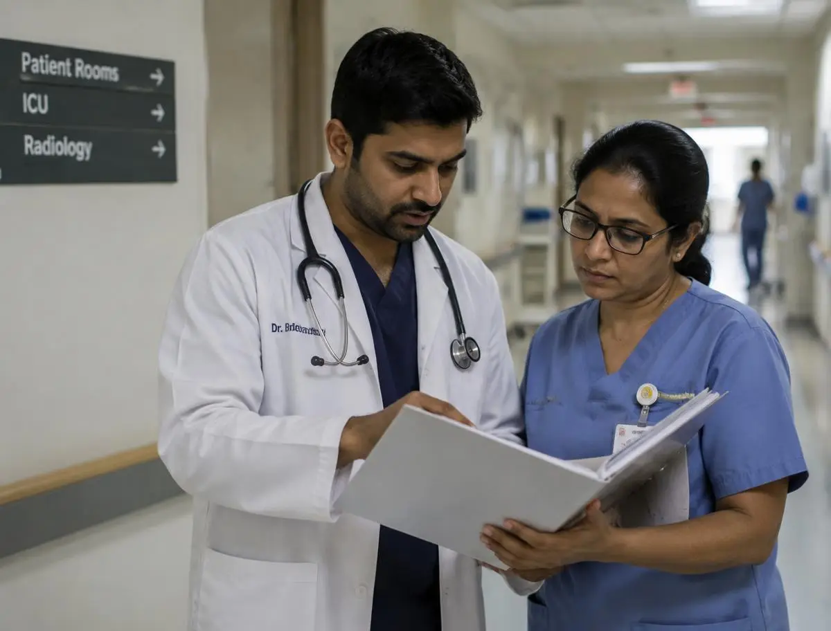 Doctor and nurse reviewing a patient file in a hospital corridor