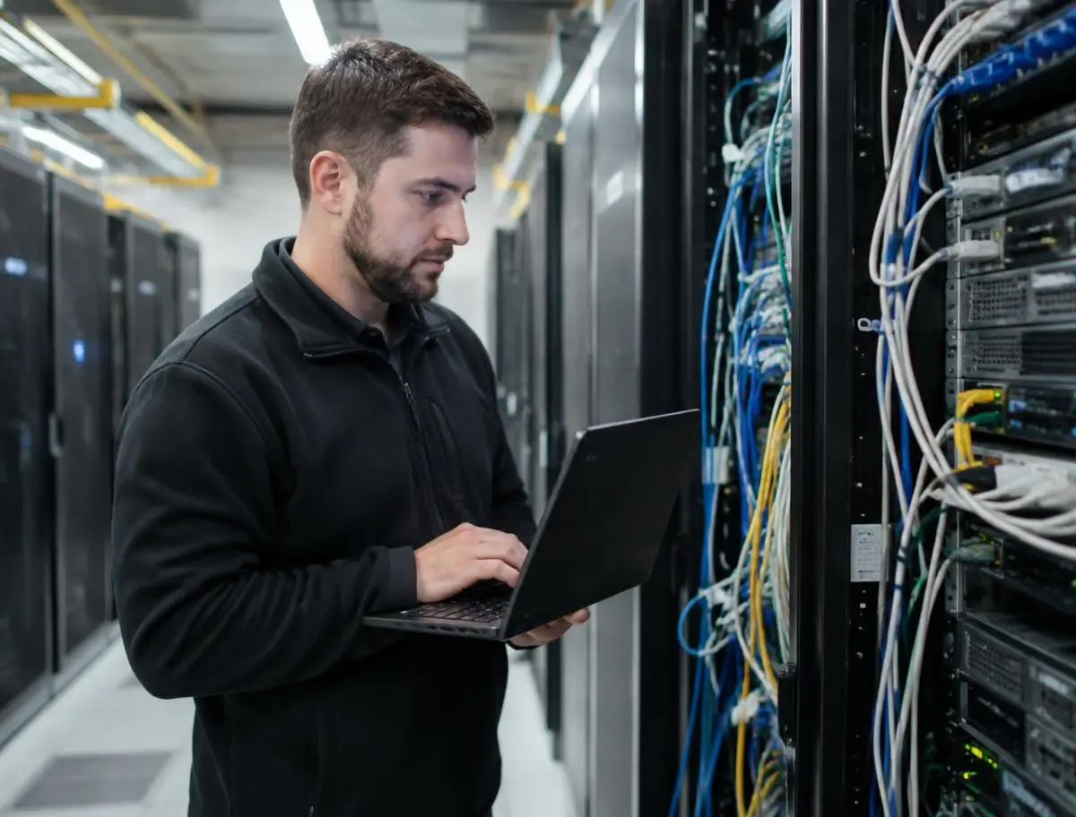 Infrastructure engineer working on a laptop in a server room