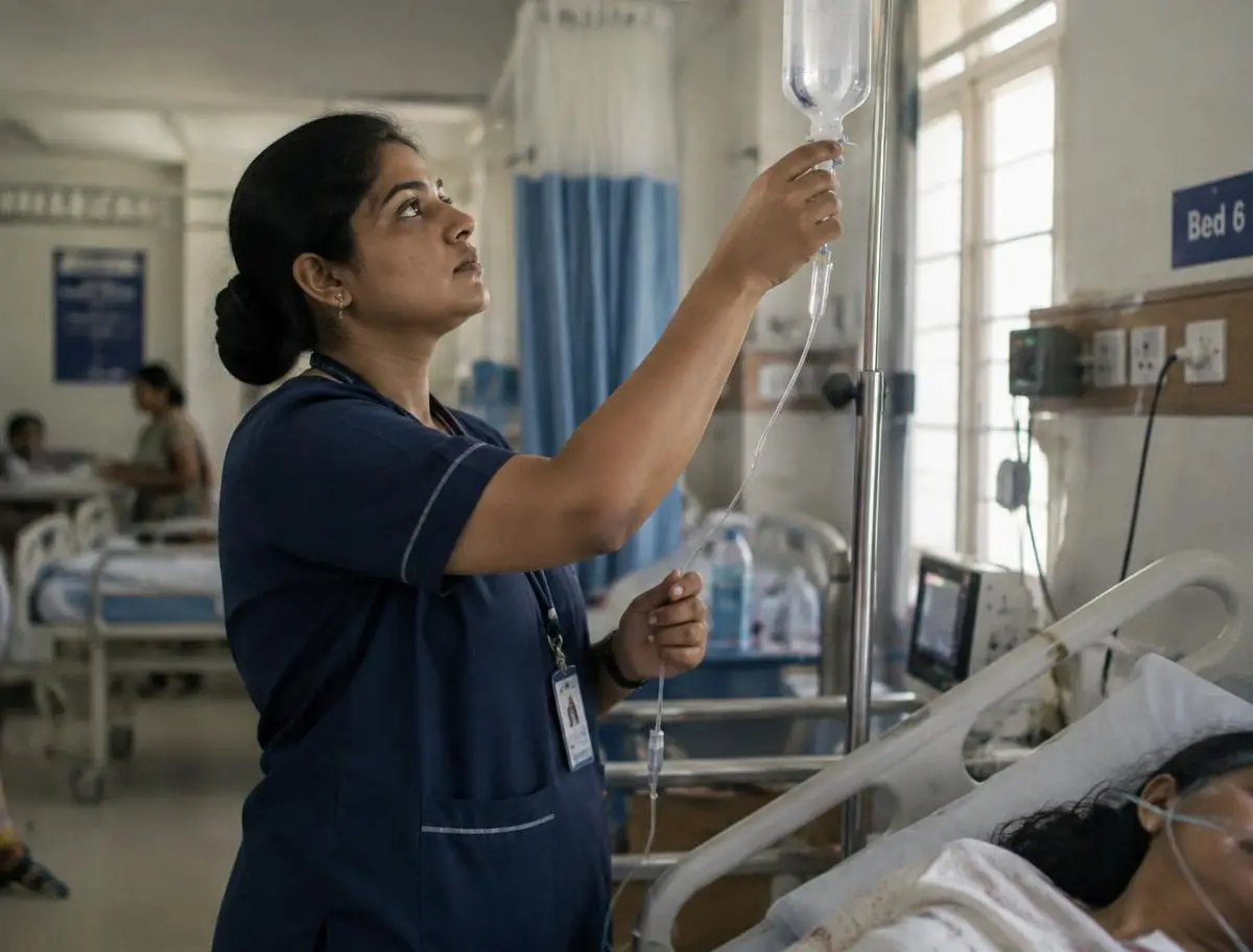 Nurse adjusting an IV drip on a hospital ward