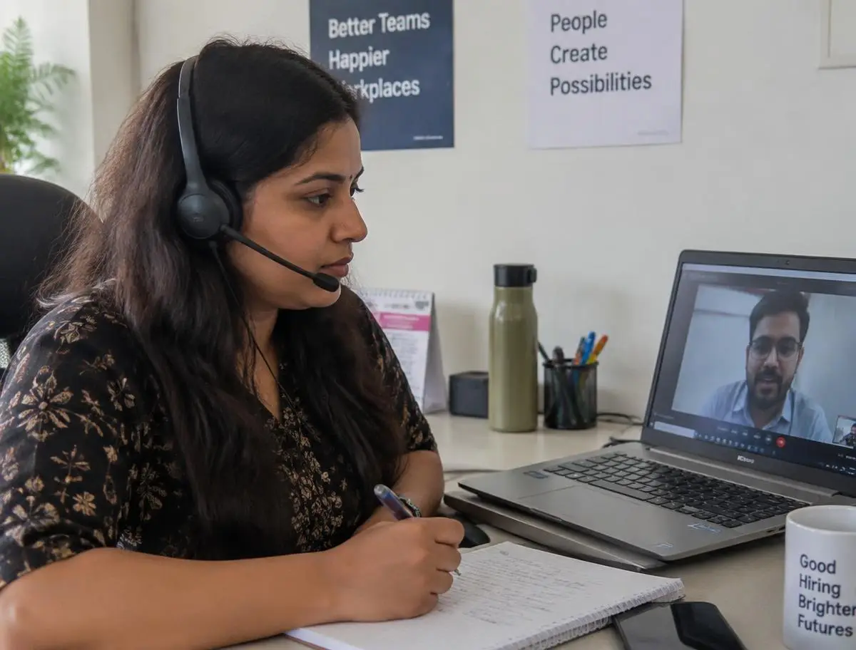 Recruiter on a video screening call taking notes